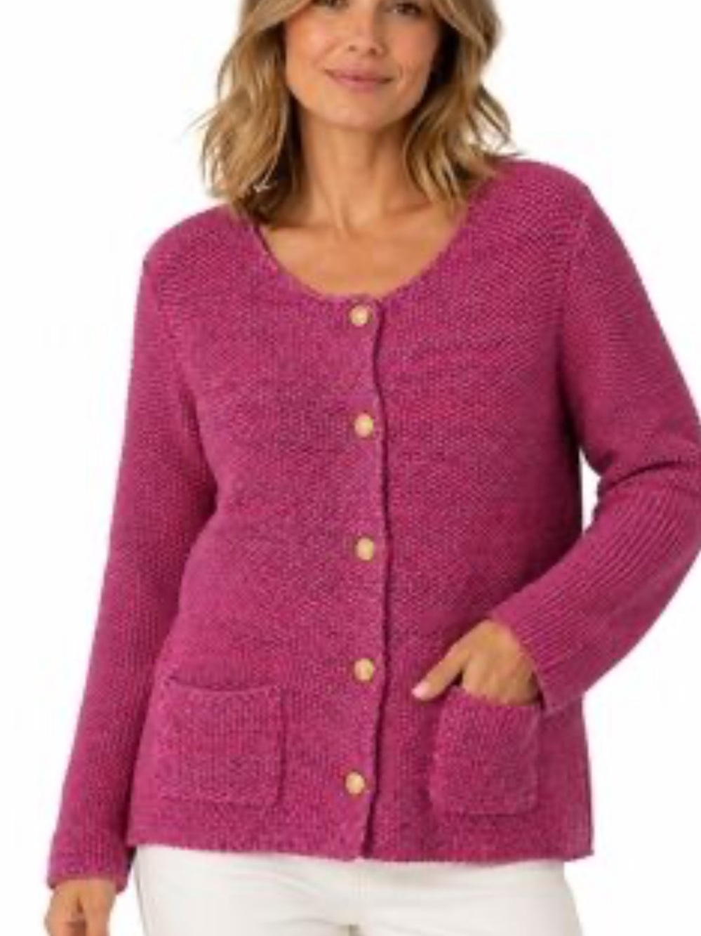 Button-Front Pink Knit Cardigan with Patch Pockets